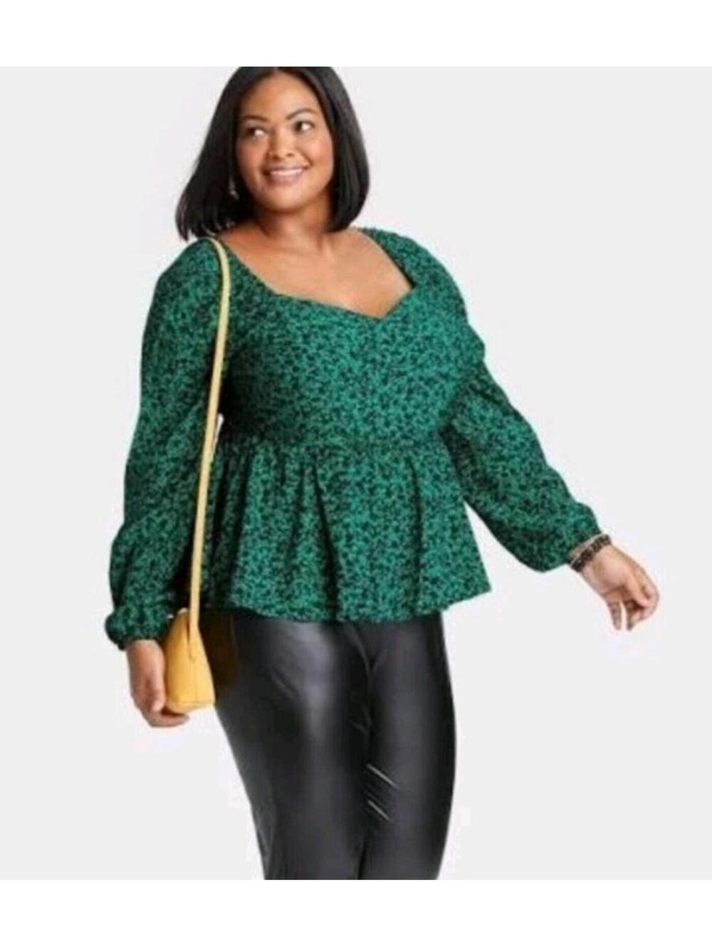 Ava & Viv Blouse Womens 2X Green Floral Smocked Waist Peplum Long Sleeve Tunic